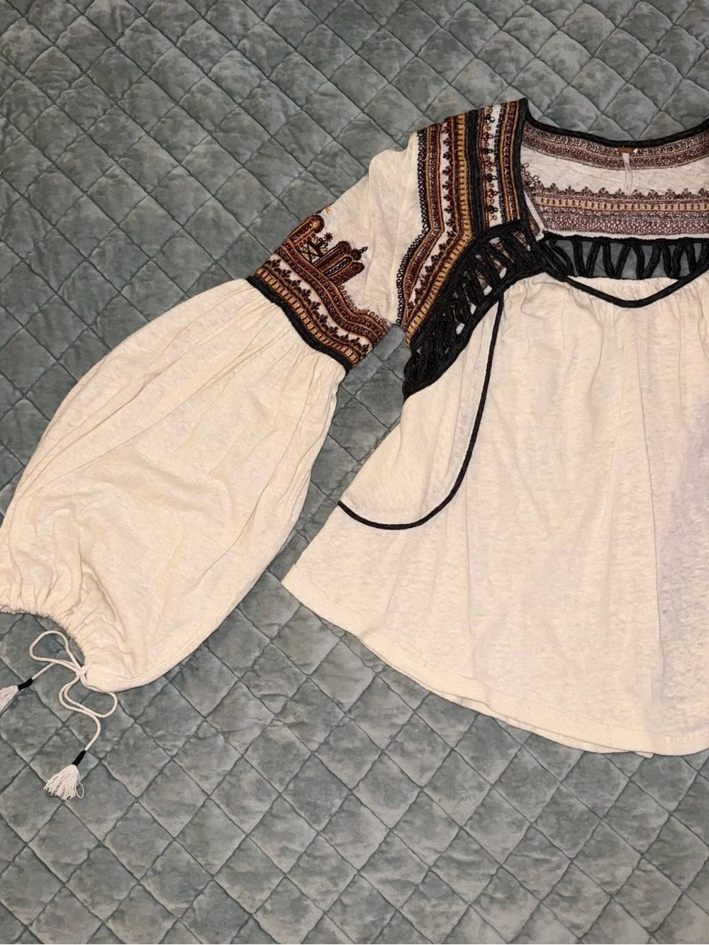 Free People Cream Snow Kisses - Boho Embroidered Tunic with Black Trim - Picture 12 of 16
